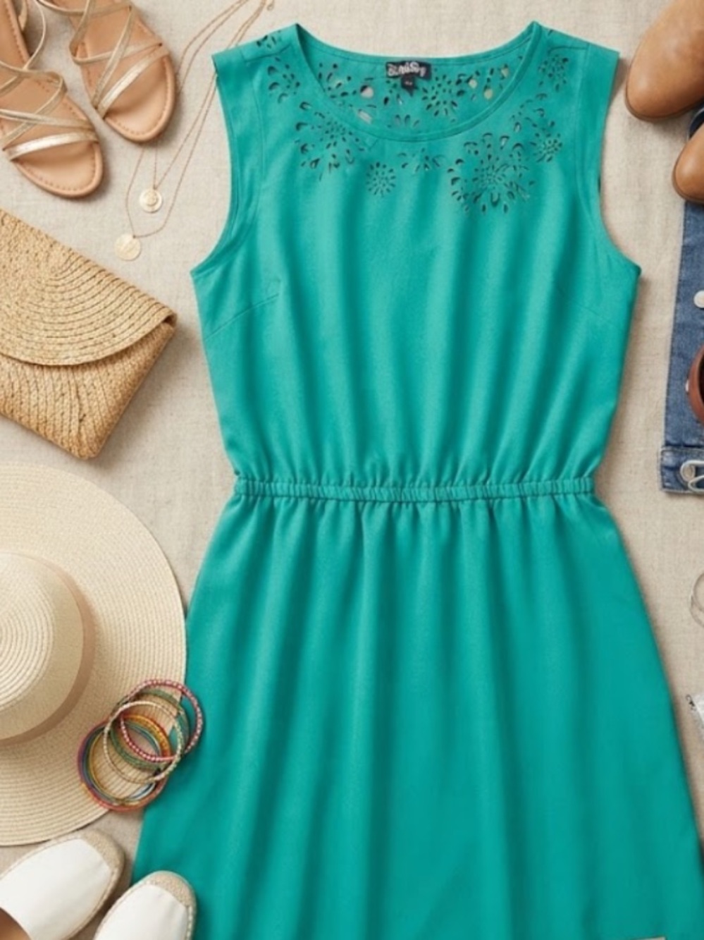 NWT BeBop-Teal Sleeveless Elastic- Waist Mini Dress with Laser Cut Detail Mint